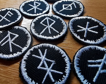 Apliques termocolantes bordados Bindrune, estilo viking nórdico/pagão, com runas personalizadas em cores circulares.