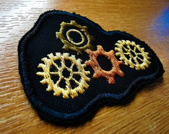 Steampunk Iron On Embroidered Patch Gold Copper Steam Punk Gears and Cogs