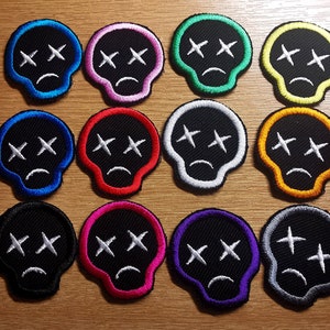 Small Sad Skull Face White, Red or Custom Embroidered Patch Skull and Cross