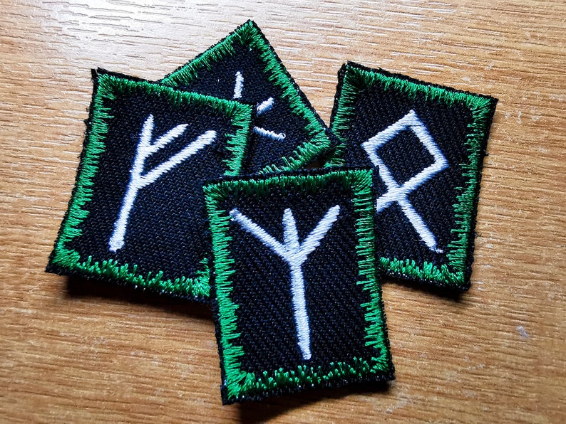 Custom Viking Rune Iron On Embroidered Patches Dark Jade Green border and White runes multi-colour image 5