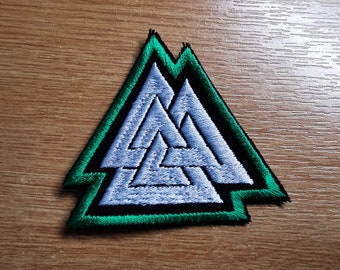Écusson brodé à bordure vert foncé Valknut blanc, écussons vikings