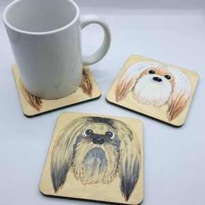 Posavasos de madera de pelo largo de Lhasa apso, regalo de lhasa apso, posavasos para perros, posavasos de madera