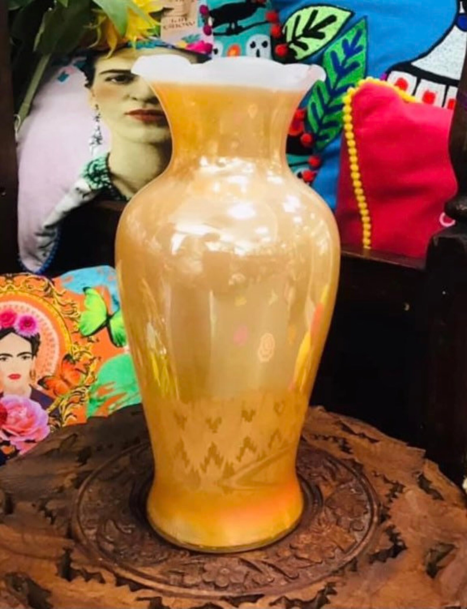 Vintage Orange Glass Pearlescent Vase Etsy