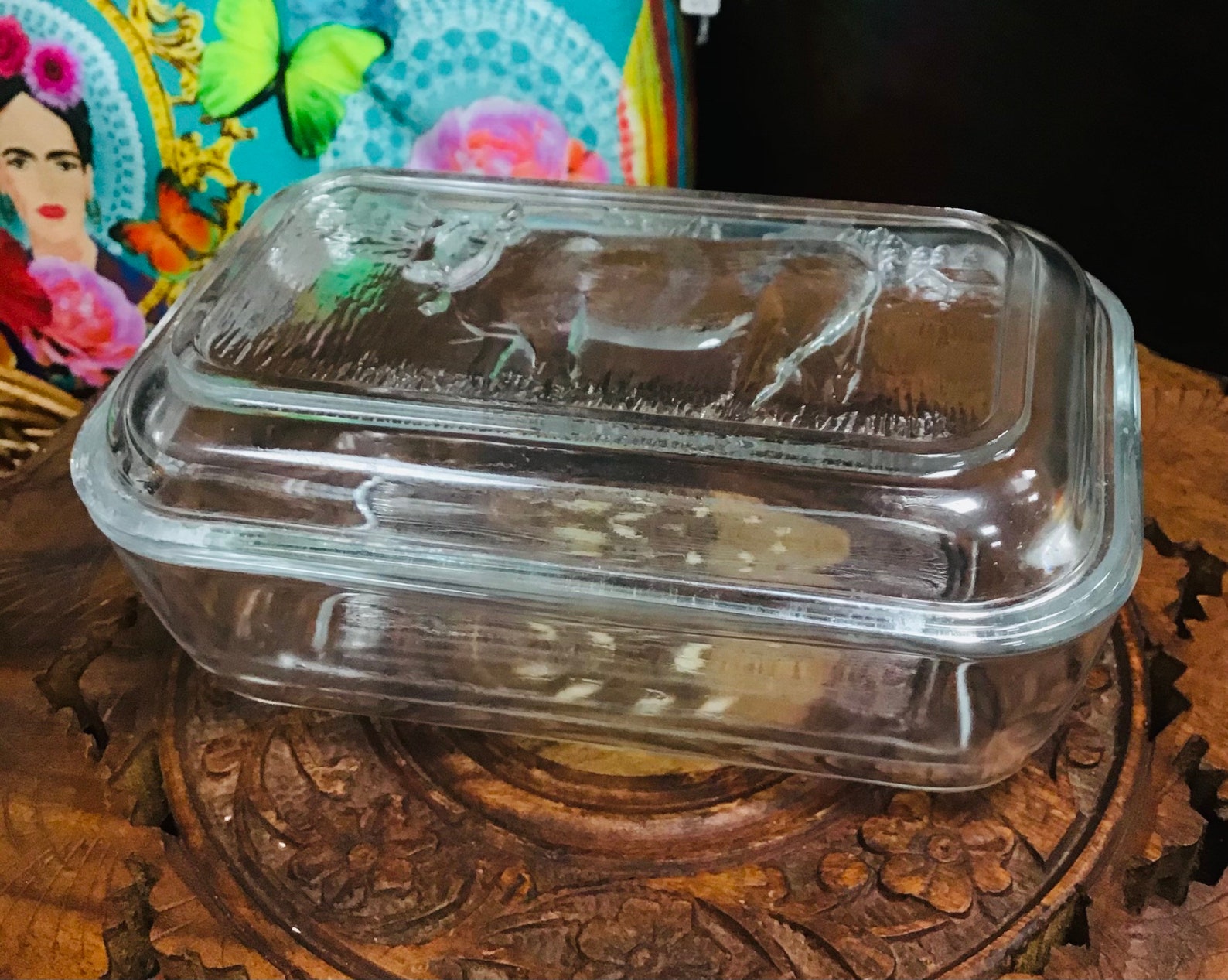 Vintage Luminarc French glass butter dish with cow pattern on Etsy