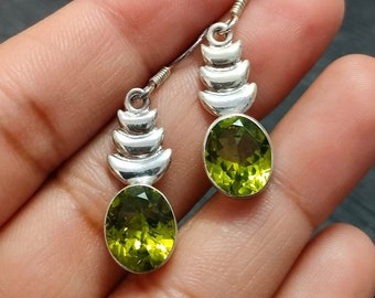 Natural Peridot Gemstone Oval Dangle Earrings Solid 925 Stamped Silver Hook Jewelry Gift For Graduation Day, Mother's Day, Mini Earrings