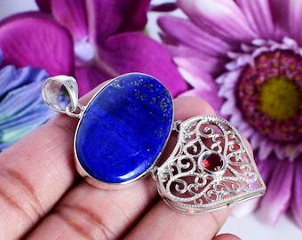 Oval Lapis Lazuli Natural Gemstone Garnet Authentic Jewellery, 925 Sterling Silver Pendant , Handmade Designer Jewelry, Wedding Day Gift