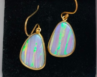 Gift For Friends, Pink Aurora Opal Earrings, Gold Plated, Pink Green Flashy Gemstone, For Wife, Boho Jewellery, Opal Stud/Dangle Earrings