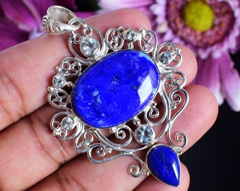 Natural Lapis Lazuli Gemstone 925 Sterling Silver Blue Topaz Handmade Fine Jewelry Gift For Women Victorian Style Jewellery Gift For Wedding