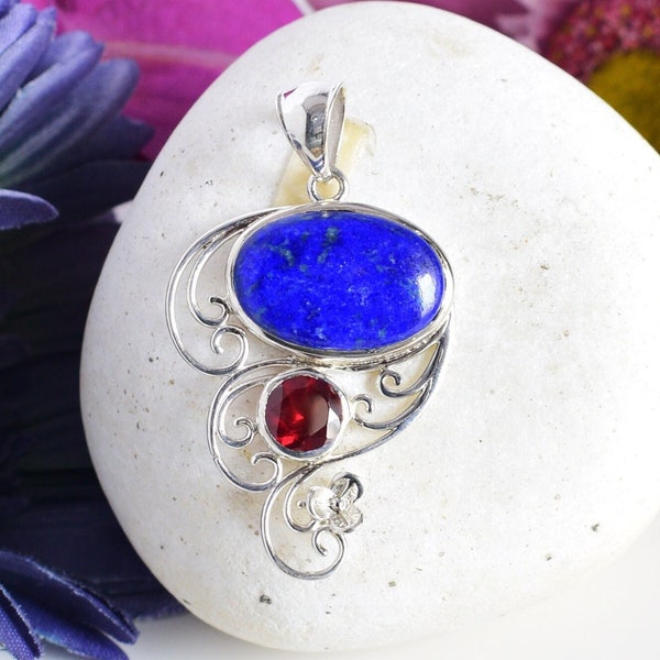 925 Sterling Silver Pendant, Natural Lapis Lazuli & Red Garnet Pendant, Handmade Silver Pendant, Pendant for Chain, September Birthstone