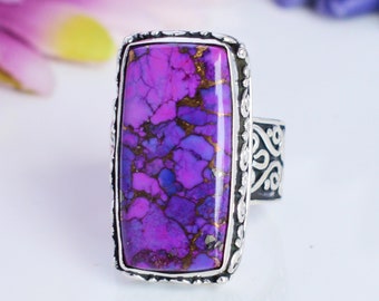 Purple Copper Turquoise Gemstone Rectangle Ring 925 Sterling Silver Engraved Handmade Jewelry Unisex Ring Free Worldwide Shipping Jewellery