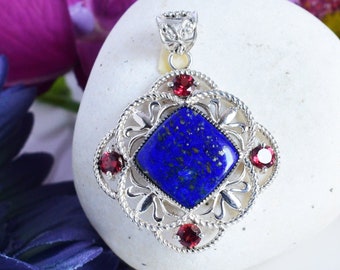 Lapis Lazuli Natural Gemstone Garnet 925 Sterling Silver Square Pendant Jewellery Handmade Engraved Jewelry Gift For Women Wife Girlfriend