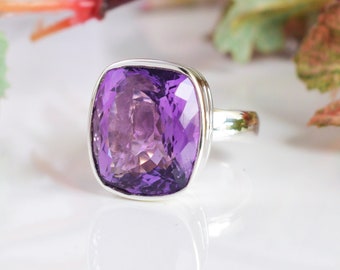 Natural Purple Amethyst Chequered Cushion Gemstone Solitaire Ring For Promise Jewelry Gift For Birthday Unisex Birthstone Jewellery Handmade