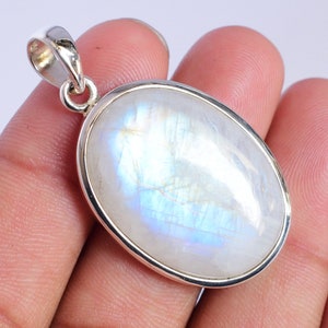 Large Silver Moonstone Pendant, Rainbow Moonstone Necklace, Moonstone Oval Pendant, Moonstone Jewelry, Dainty Silver Moonstone
