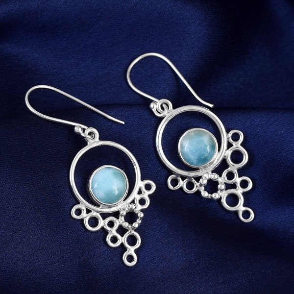 925 Sterling Solid Silver Smooth Round Stone Earrings, Natural Larimar Gemstone Silver Earrings, Handmade Women Wedding Earrings Gift Idea