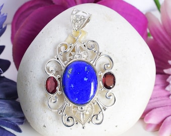 Lapis Lazuli & Garnet 925 Sterling Silver Lapis Lazuli Pendant September Birthstone Blue Gemstone Pendant Jewellery Christmas Gift For Her