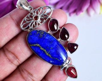 Mother's Day Gift Natural Gemstone Oval Lapis Lazuli Garnet 925 Sterling Silver Designer Pendant Necklace Handmade Jewellery For Women Wife