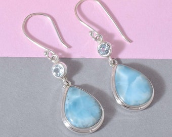 Larimar Drop Dangle Earrings 925 Sterling Silver Blue Topaz Gemstone Dominican Republic Pectolite Fish Hook Earrings Jewellery Gift For Her