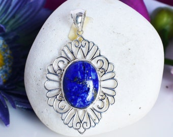 Natural Oval Lapis Lazuli Gemstone Victorian Style Pendant Solid 925 Sterling Silver Handmade Jewelry Gift For Women Jewellery FREE SHIPPING