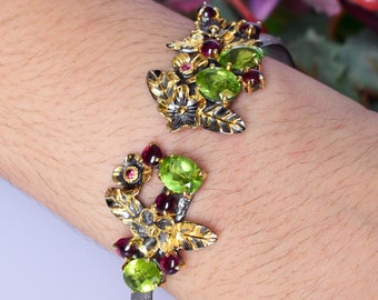 Natural Peridot Gemstone Garnet 925 Sterling Silver Cuff Bangle Bracelet FLORAL Fine Jewelry Open Bangle Gift For Mothers Day Gift Jewellery