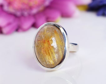 Oval Golden Rutilated Quartz Ring 925 Sterling Silver Natural Golden Gemstone Ring Rutile Quartz Jewelry Women Gift Thanksgiving Cyber Sale