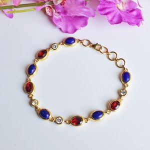 Natural Gemstone Lapis Lazuli Garnet Moissanite 14k Stamped Yellow Solid Gold Link Bracelet Chain Jewelry Gift Jewellery Bridal Friendship image 1