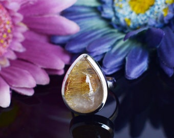 Rutilated Quartz Gemstone Golden Rutile Ring Pear Shape 925 Sterling Silver Cabochon Jewelry Simple Proposal Ring Jewellery Women's Day Gift