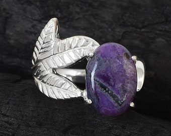 Genuine Sugilite Ring 925 Sterling Silver Birthstone Leaf Design Solitaire Purple Sugilite Gemstone Jewelry Handmade Fine Jewellery FSJ-5007