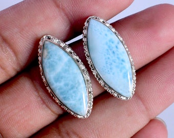 Natural Larimar Stud Earrings Sterling Silver 925 Boho Marquise Shape Gemstone Dominican Republic Handmade Jewelry Gift For Mother FSJ-5160