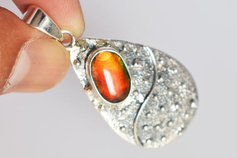 Handmade Solid 925 Sterling Silver Jewelry Gift Jewellery FSJ-3663 New Jewellery Natural Red Yellow Flashy Fire Ammolite Gemstone Pendant