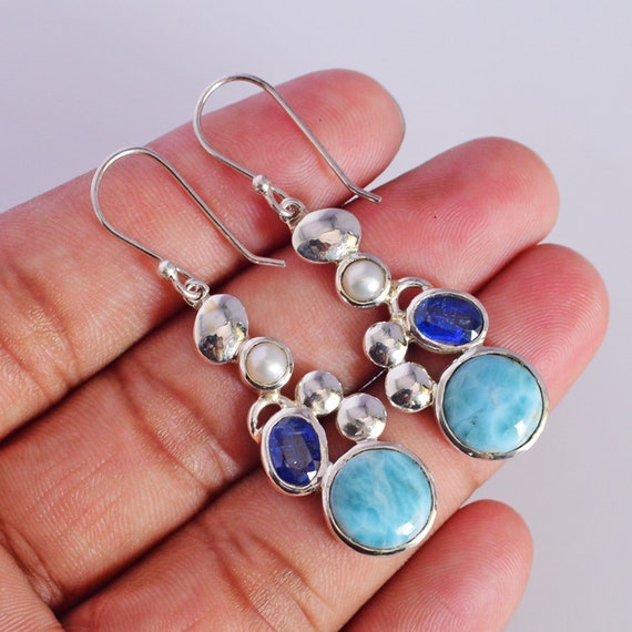 Beautiful Aqua Blue Gemstone Earrings in Aquamarine Opal Moss Kyanite Moonstone Jewellery Earrings Dangle & Drop Earrings Unique Handmade Gift for Her Larimar Statement Earrings 