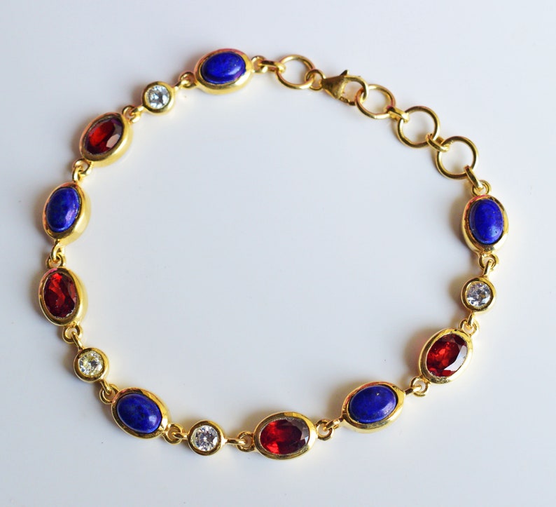 Natural Gemstone Lapis Lazuli Garnet Moissanite 14k Stamped Yellow Solid Gold Link Bracelet Chain Jewelry Gift Jewellery Bridal Friendship image 3