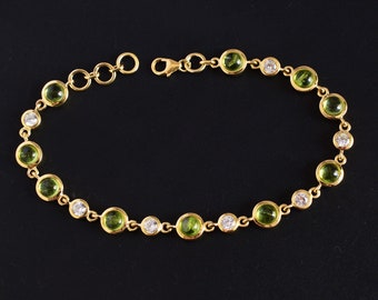 Solid 14k Yellow Gold Natural Cabochon Green Peridot Gemstone Mossanite Link Bracelet 8.25" Jewelry Mother Gift Women Stamped Jewellery