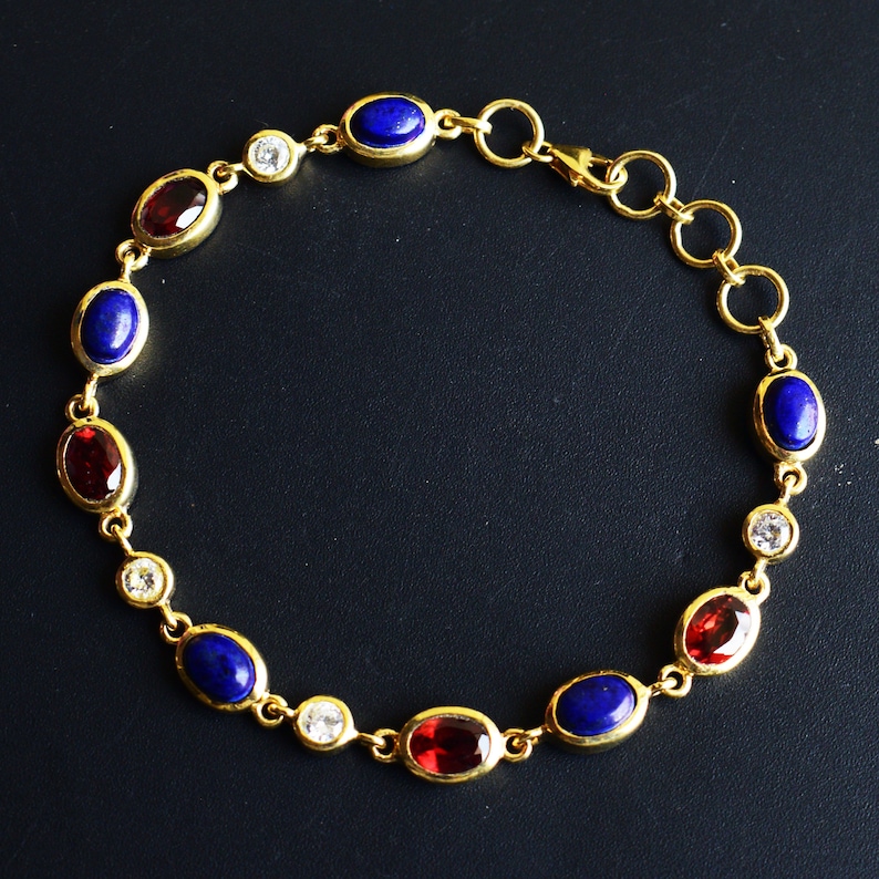 Natural Gemstone Lapis Lazuli Garnet Moissanite 14k Stamped Yellow Solid Gold Link Bracelet Chain Jewelry Gift Jewellery Bridal Friendship image 2