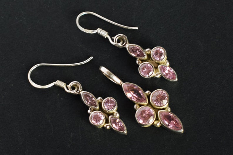 Designer Pink Quartz Gemstone Pendant Earring Set Gift For Her Women Jewellery Set Best Price FSJ-2188 925 Solid Sterling Silver Earring