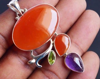 Multi Stone Pendant Carnelian Gemstone Amethyst Peridot Pendant 925 Sterling Silver Oval Cabochon Gemstone Jewellery Natural Stone Jewelry