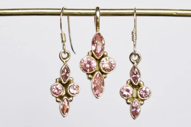 Designer Pink Quartz Gemstone Pendant Earring Set Gift For Her Women Jewellery Set Best Price FSJ-2188 925 Solid Sterling Silver Earring