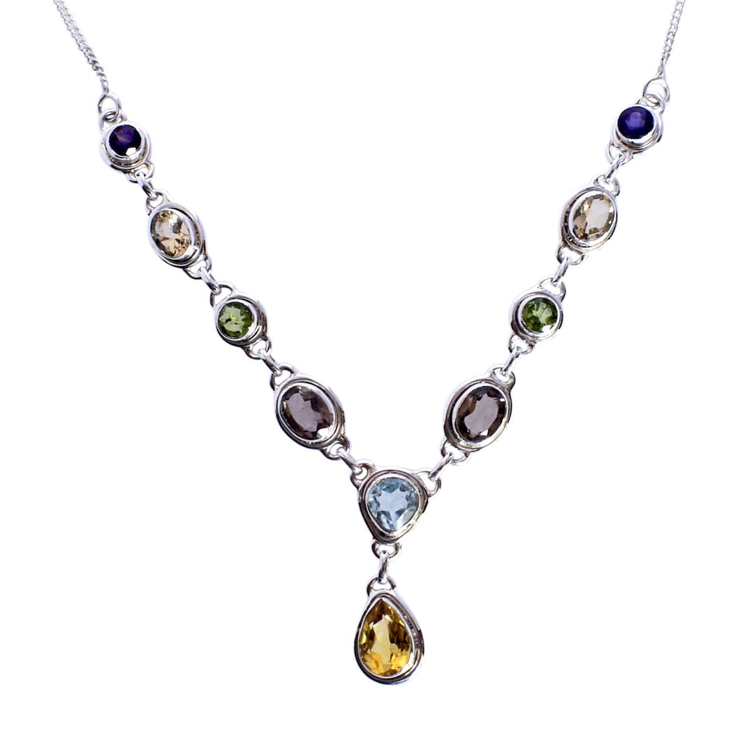 Multi Gemstone Necklace 925 Sterling Silver Choker Jewellery Free