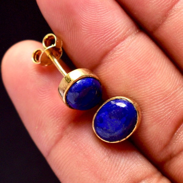 Solid 14k Stamped Yellow Gold Oval Stud Earrings Natural Lapis Lazuli Gemstone Earring Oval Earrings Jewelry Jewellery Women Mother Gift