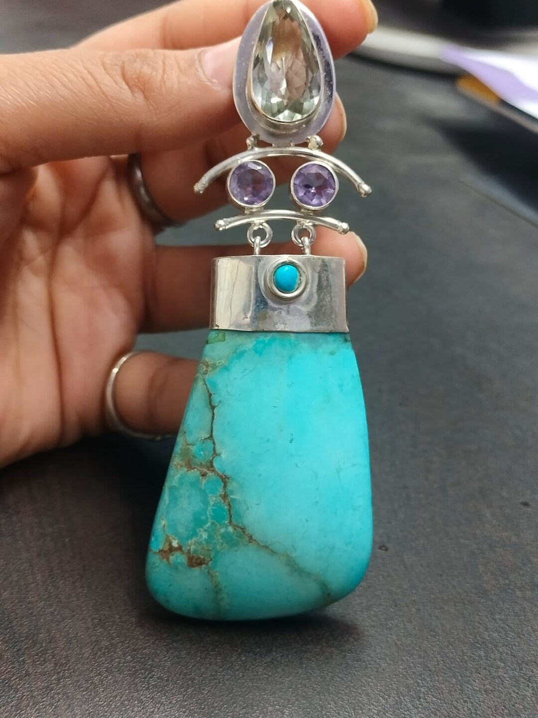 Huge Turquoise Pendant, Natural Gemstone Jewelry, 925 Sterling Silver