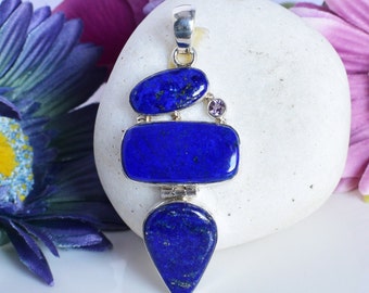 Lapis Lazuli Gemstone Amethyst 925 Sterling Silver Pendant 925 Sterling Silver Handmade Jewelry Gift For Her December Birthstone Jewellery