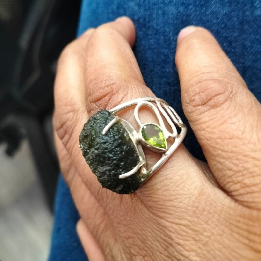 Rough Moldavite Ring With Peridot 925 Sterling Silver Ring Etsy