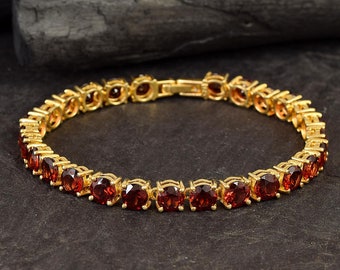 Solid 14k Stamped Yellow Gold Tennis Bracelet Natural AAA+ Quality Round Garnet Gemstone Jewelry Gift Mother January Birthstone Jewellery