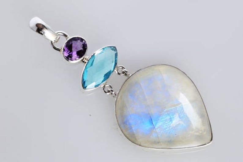 FSJ-1222 Blue Quartz Handmade 925 Solid Sterling Silver Designer Jewellery Amethyst Genuine Blue Flashy Fire Rainbow Moonstone Pendant