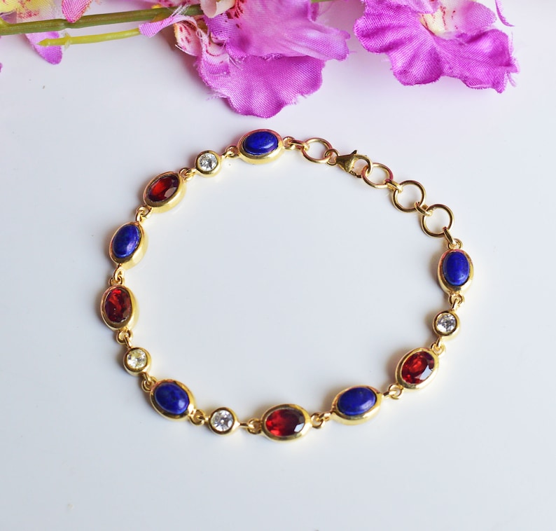 Natural Gemstone Lapis Lazuli Garnet Moissanite 14k Stamped Yellow Solid Gold Link Bracelet Chain Jewelry Gift Jewellery Bridal Friendship image 1