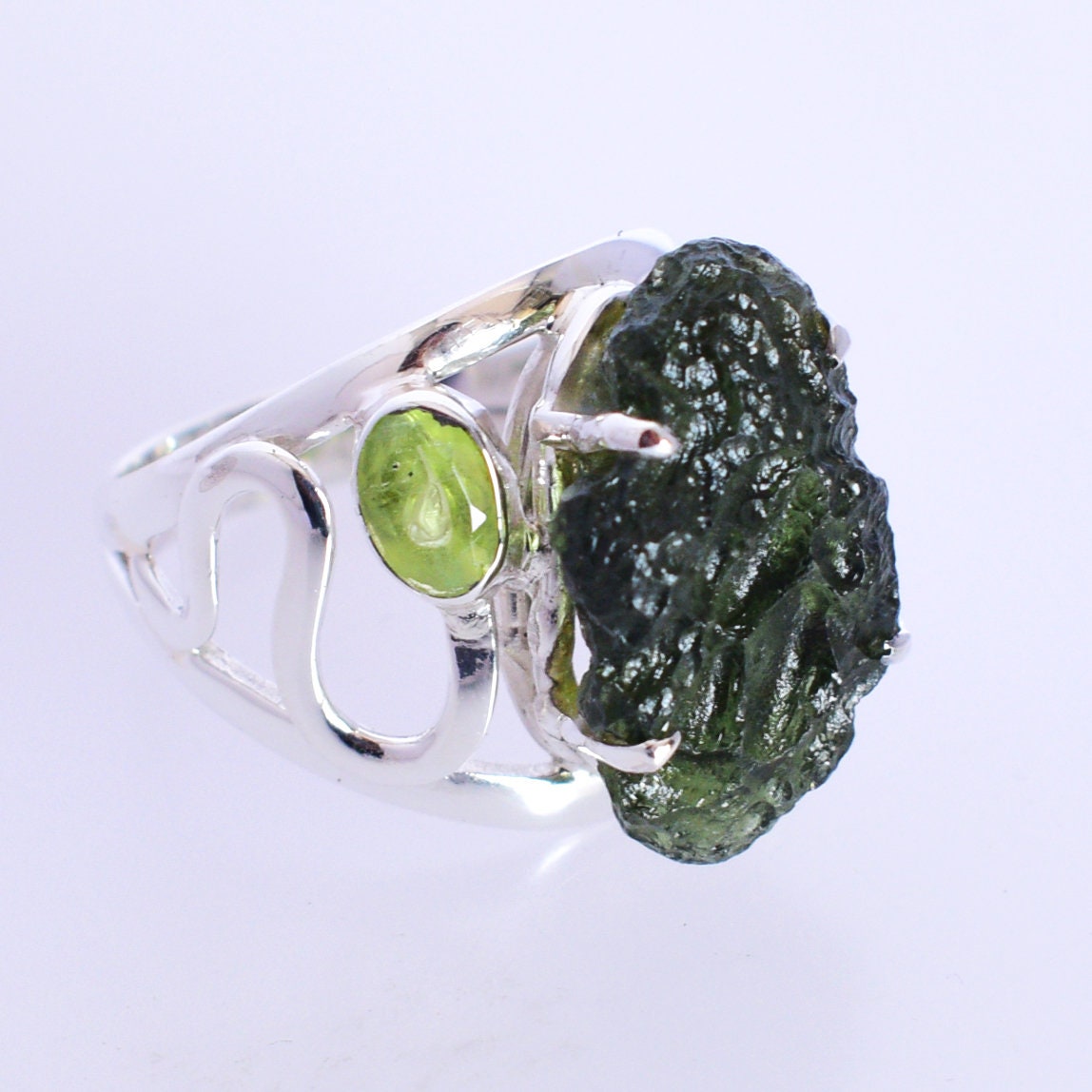 925 Sterling Silver Rough Moldavite Ring Peridot Ring Raw Etsy