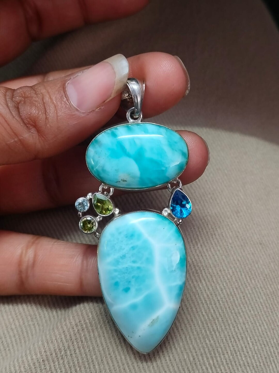 Beautiful High Quality Larimar Gemstone Drop Pendant 925 Sterling