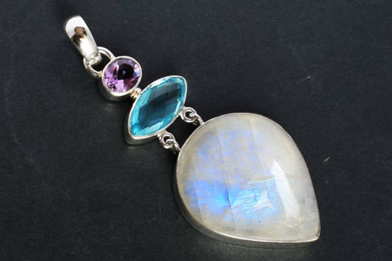 FSJ-1222 Blue Quartz Handmade 925 Solid Sterling Silver Designer Jewellery Amethyst Genuine Blue Flashy Fire Rainbow Moonstone Pendant