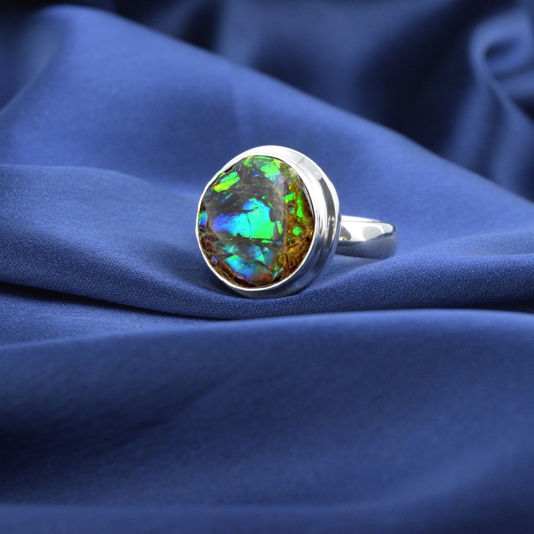 Genuine Round Ammolite Ring 925 Solid Sterling Silver Handmade Etsy