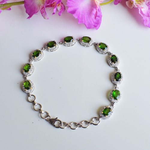 Natural shops Chrome Diopside Bracelet, 925 Sterling Silver, Chrome Tennis Bracelet, October Birthstone, Gemstone Bracelet, Women Silver Bracelet