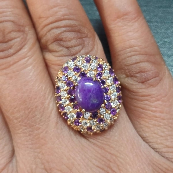 Natural Sugilite Gemstone Oval Cocktail Ring 925 Sterling Silver Gold Plated Jewelry Pave Amethyst White Topaz High Profile Women Jewellery